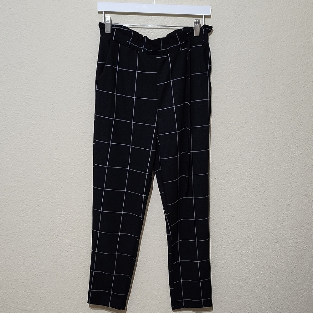 Soho Apparel Black Trousers with White Grid Pattern